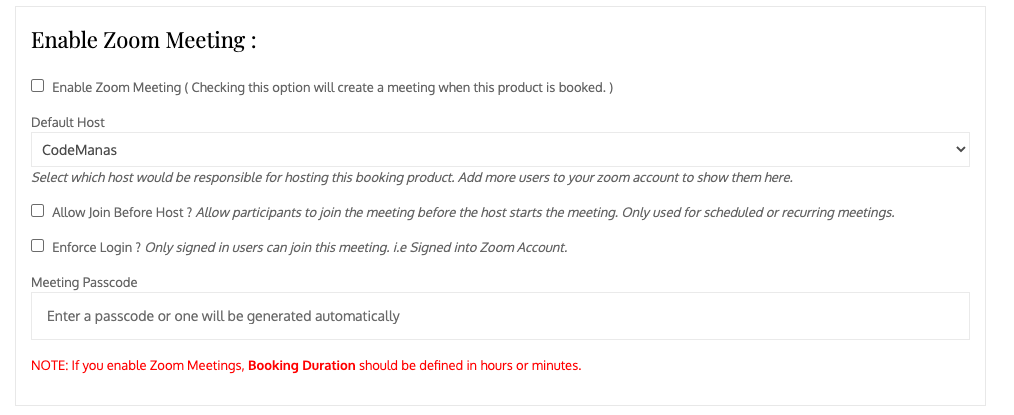 Enable Zoom Meeting for Bookable Product