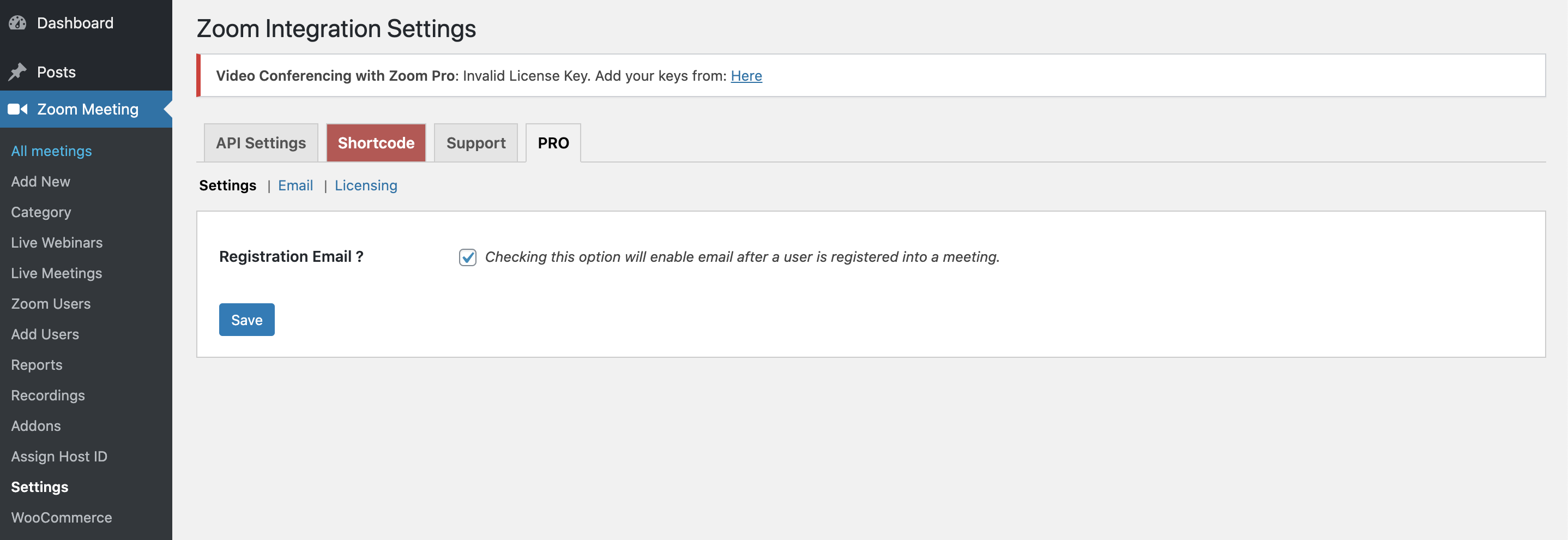 Registration email setting